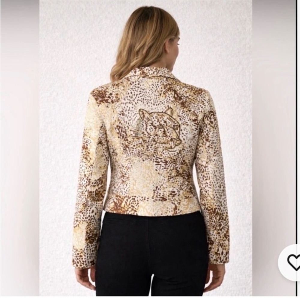 Vintage Luxe Animal Print Beaded Big Cat Embellished Zip Jacket Size M